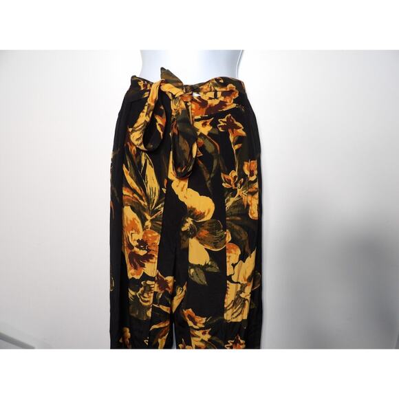 Faithfull The Brand Sz 6 Wrap Pants Black Orange Floral Palazzo Front Slits Pull - Picture 12 of 16